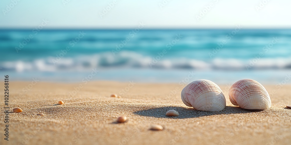Seashells by the sea with background of vast blue ocean, beach, shore, coastline, little shells Seashells by the sea with background of vast blue ocean, beach, shore, coastline, little shells