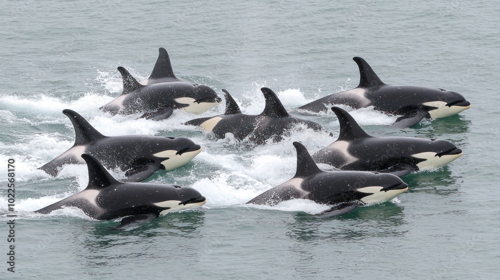 Fototapeta premium Majestic Pod of Orcas Migrating in Arctic Waters - Aerial View of Orca Dorsal Fins Slicing Through Icy Surface