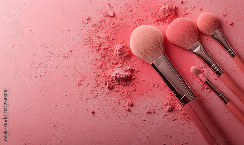 Makeup palette and powder pile with cosmetic applicator brush set isolated on white background