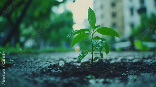 Fototapeta Naklejka Na Ścianę i Meble -  Little green sprout with background of streets, soil under the plant rural background, concept of growth and new beginning