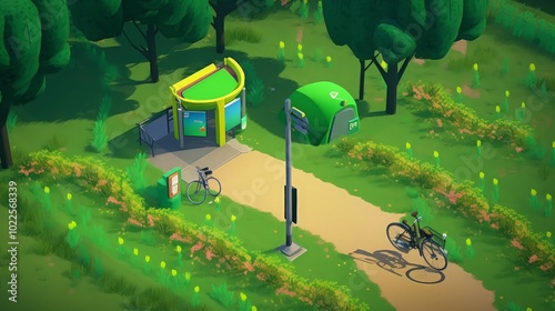 A cartoon style rendering of a path with two buildings and two bicycles.