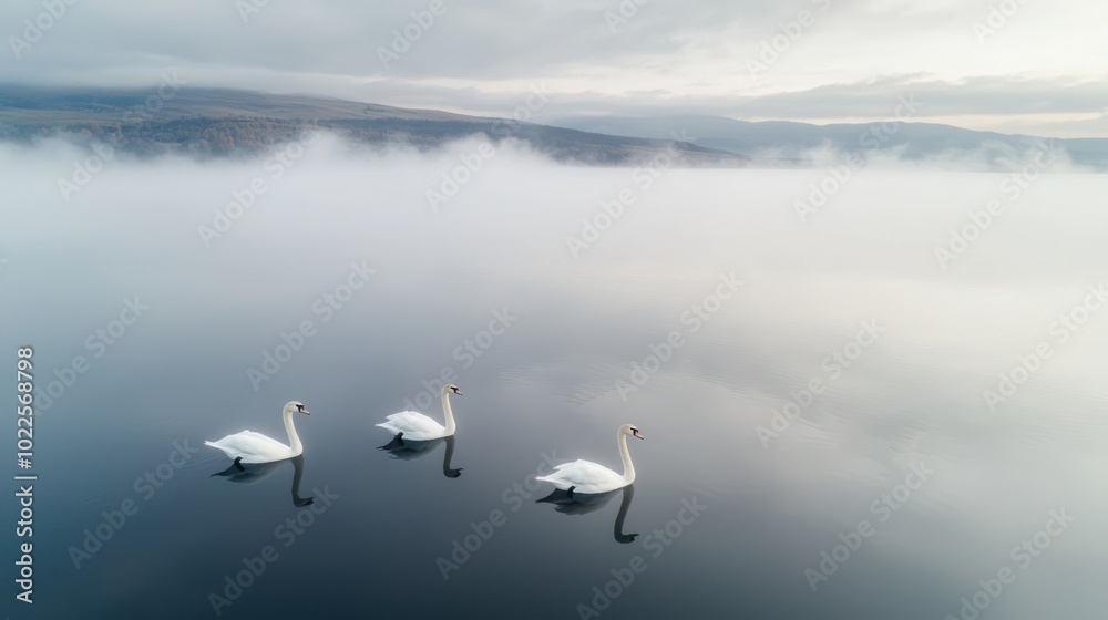 Majestic Swans Migrating Over Foggy Dawn Lake - Aerial Drone View with Reflections Majestic Swans Migrating Over Foggy Dawn Lake - Aerial Drone View with Reflections