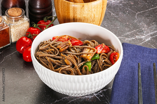 Buckwheat Soba with eel and vegetavles photo