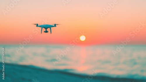 The drone gracefully navigates the colorful sky as the sun sets over the tranquil ocean, creating a breathtaking view