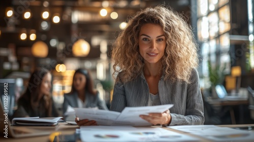 A businesswoman in a modern office space, reviewing business reports with her team