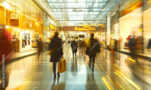 Business people walking in a shopping mall with motion blur, showcasing glass windows and modern interior design, as they carry bags and boxes