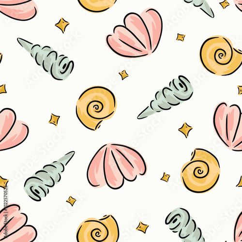 Hand painted scattered sea shells and sparkles in a color palette of light pink, blue, yellow, gold and black on an off-white background. A seamless vector pattern. Great for home decor, fabric.