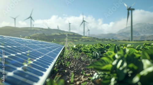 Farmland enhanced with agrivoltaics, where solar panels are intelligently integrated to provide both renewable energy generation and shade for crops.
 photo