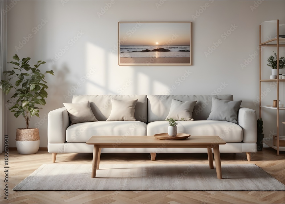 Fototapeta premium Living room interior with mock up poster frame, sofa and coffee table.