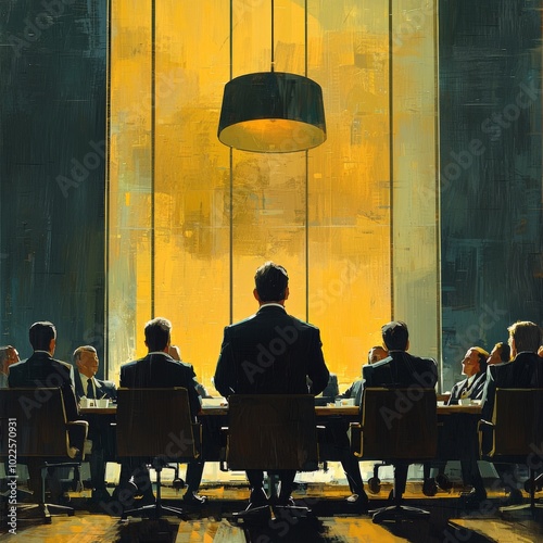 A CEO addressing the board of directors in a high-end office setting