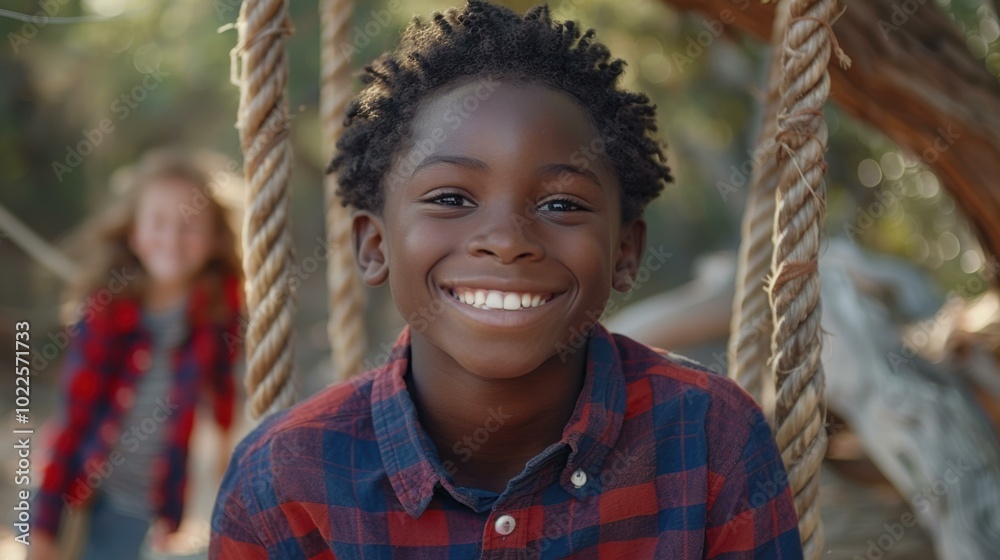 A young boy smiles as he sits on a rope swing. AI. A young boy smiles as he sits on a rope swing. AI.