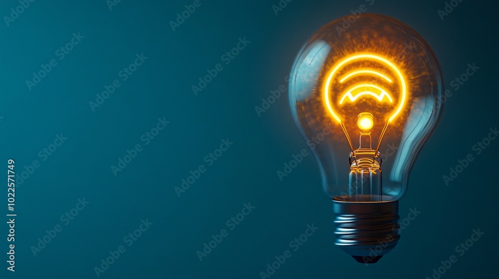 Light bulb with a glowing wifi symbol inside on a blue background. Light bulb with a glowing wifi symbol inside on a blue background.