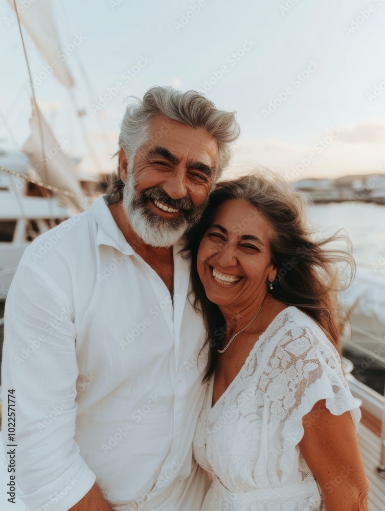 A happy couple smiles for the camera while on a boat. AI. A happy couple smiles for the camera while on a boat. AI.