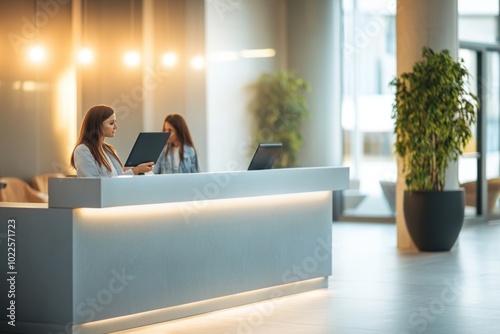 Modern Reception Desk In Office Lobby With Female Staff Using Laptop photo