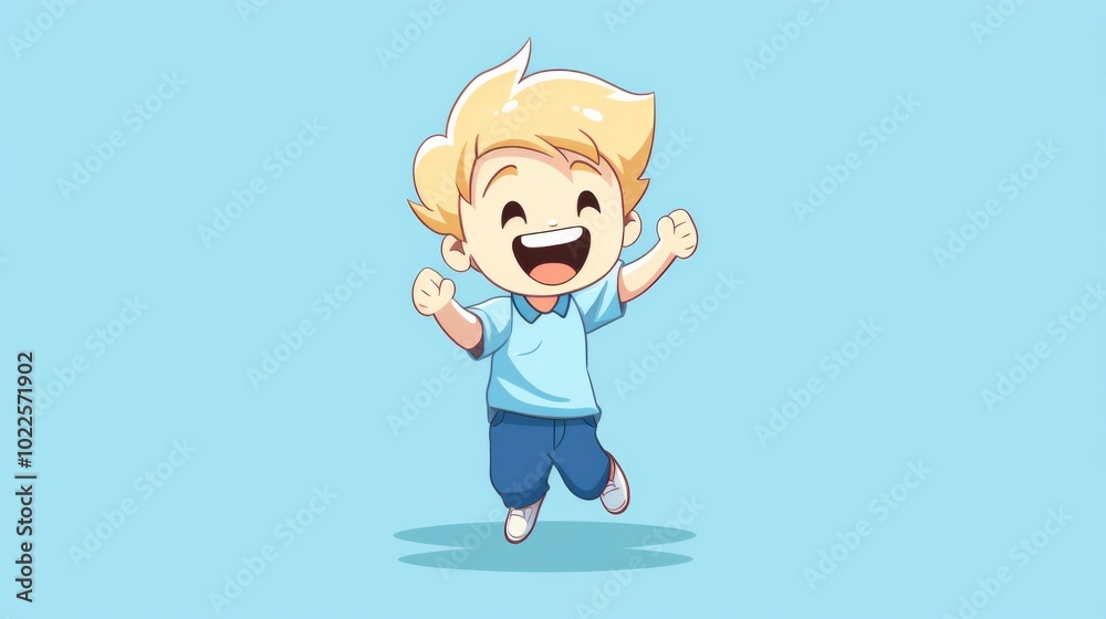 Cute blonde boy jumping up and laughing, wearing a white t-shirt and blue pants, set against a simple background Cute blonde boy jumping up and laughing, wearing a white t-shirt and blue pants, set against a simple background