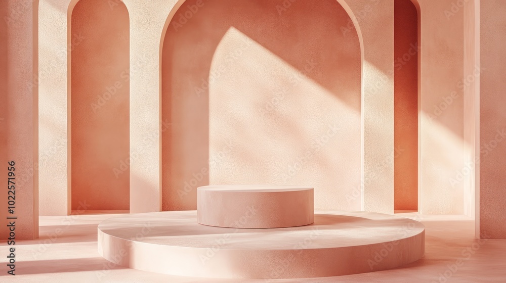 Minimalist podium display against a pastel geometric backdrop, ideal for showcasing products or presentations, creating an elegant and inviting atmosphere for promotions. Minimalist podium display against a pastel geometric backdrop, ideal for showcasing products or presentations, creating an elegant and inviting atmosphere for promotions.