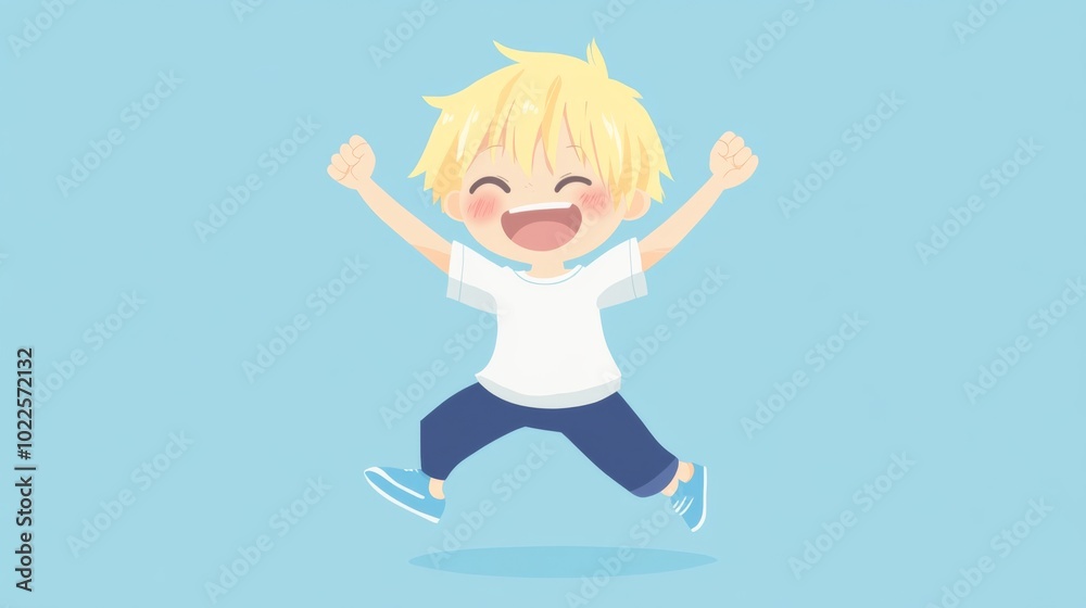 Cute blonde boy jumping up and laughing, wearing a white t-shirt and blue pants, set against a simple background Cute blonde boy jumping up and laughing, wearing a white t-shirt and blue pants, set against a simple background