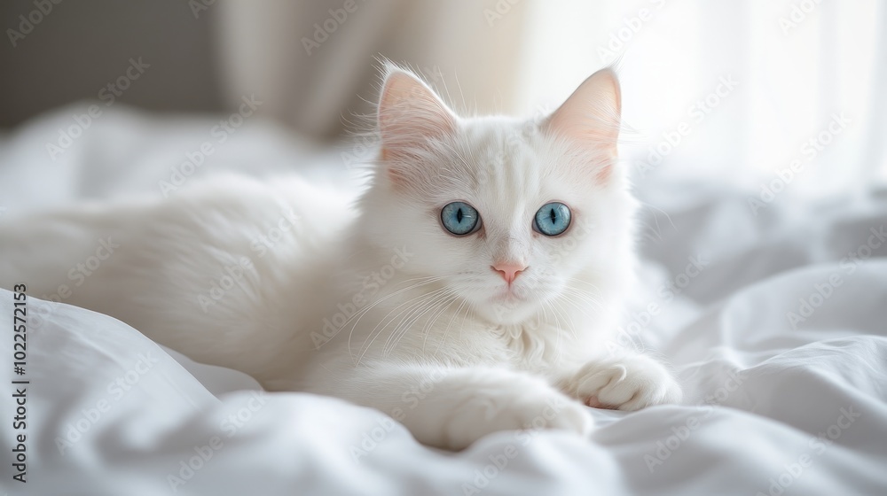 A white cat with piercing blue eyes lies on a bed with white sheets. A white cat with piercing blue eyes lies on a bed with white sheets.