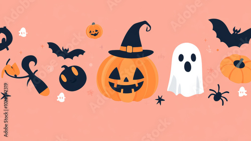 Halloween decorations with cute icons and phrases.  There's a pumpkin, skull, devil hat, spider, ghost, bat, and broom. Perfect for a spooky party! photo