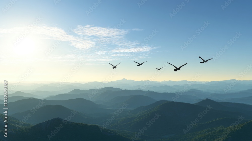 Birds Flying Over Mountain Landscape at Sunrise Birds Flying Over Mountain Landscape at Sunrise