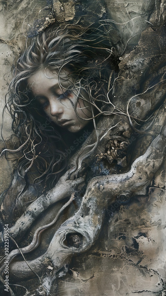 The Woman Enveloped in Roots: A Surreal and Thoughtful Painting The Woman Enveloped in Roots: A Surreal and Thoughtful Painting