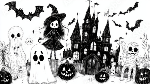 This set includes Halloween drawings of a witch, ghost,spooky castle,mummy,skeleton, and funny pumpkins.  It's great for crafts like scrapbooking, greeting cards, party invites, posters, and stickers. photo