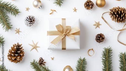 Festive Holiday Gift with Decorations and Pine Cones