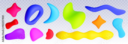 Color plasticine shapes set isolated on transparent background. Vector realistic illustration of handmade red, blue, green clay arts, creative kids craft school education, modeling dough texture