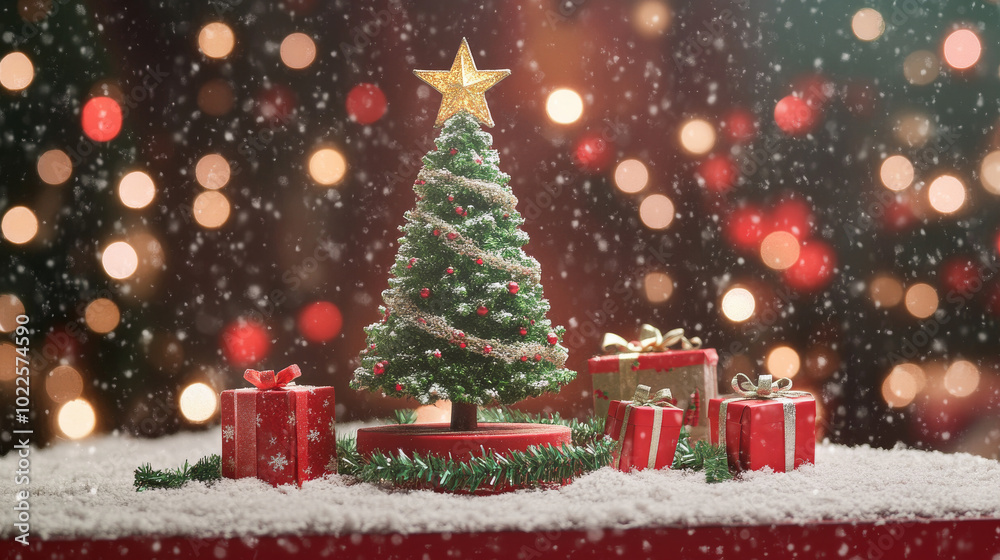 A festive scene with a green Christmas tree adorned with a star and presents. The tree sits on a red platform covered in snow. Sparkling lights and garlands add to the holiday cheer. A festive scene with a green Christmas tree adorned with a star and presents. The tree sits on a red platform covered in snow. Sparkling lights and garlands add to the holiday cheer.