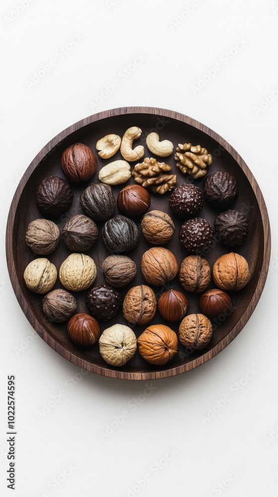 Obraz premium A wooden bowl filled with various types of nuts arranged aesthetically.