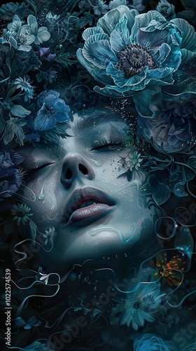 Dreamy Woman Surrounded by Blue Flowers