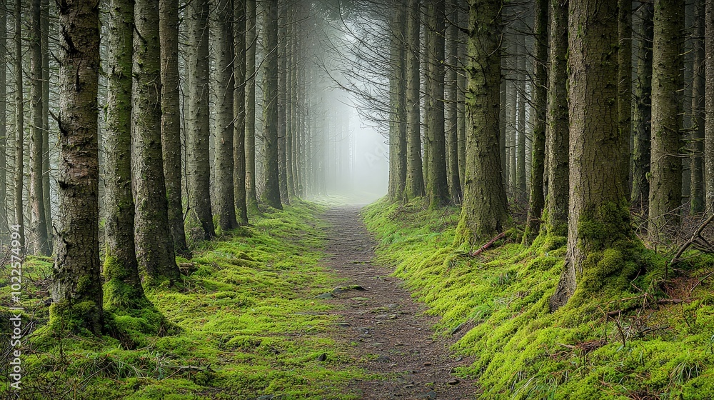 Naklejka premium A misty path winds through a dense forest, lined with tall, slender trees and soft, green moss.
