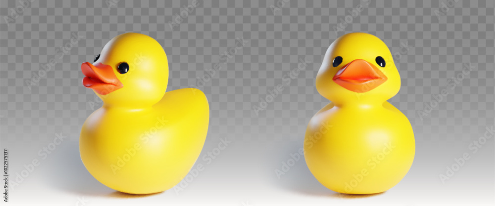 Rubber or plastic bath yellow duck toy with orange squeak front and side view on transparent background. Realistic 3d vector illustration set of float funny ducky bird bathtub kid game accessory. Rubber or plastic bath yellow duck toy with orange squeak front and side view on transparent background. Realistic 3d vector illustration set of float funny ducky bird bathtub kid game accessory.