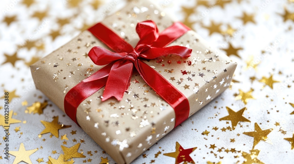 Festive Gift Box with Red Ribbon and Star Confetti Festive Gift Box with Red Ribbon and Star Confetti
