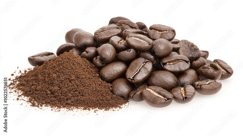 Fresh Coffee Beans and Ground Coffee on White Surface Fresh Coffee Beans and Ground Coffee on White Surface