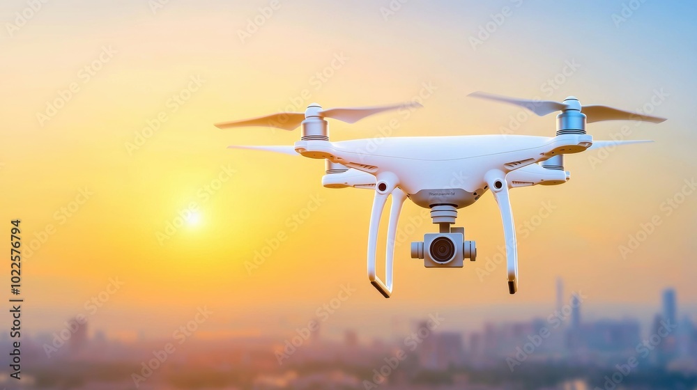 Drone Flying Over Cityscape at Sunset