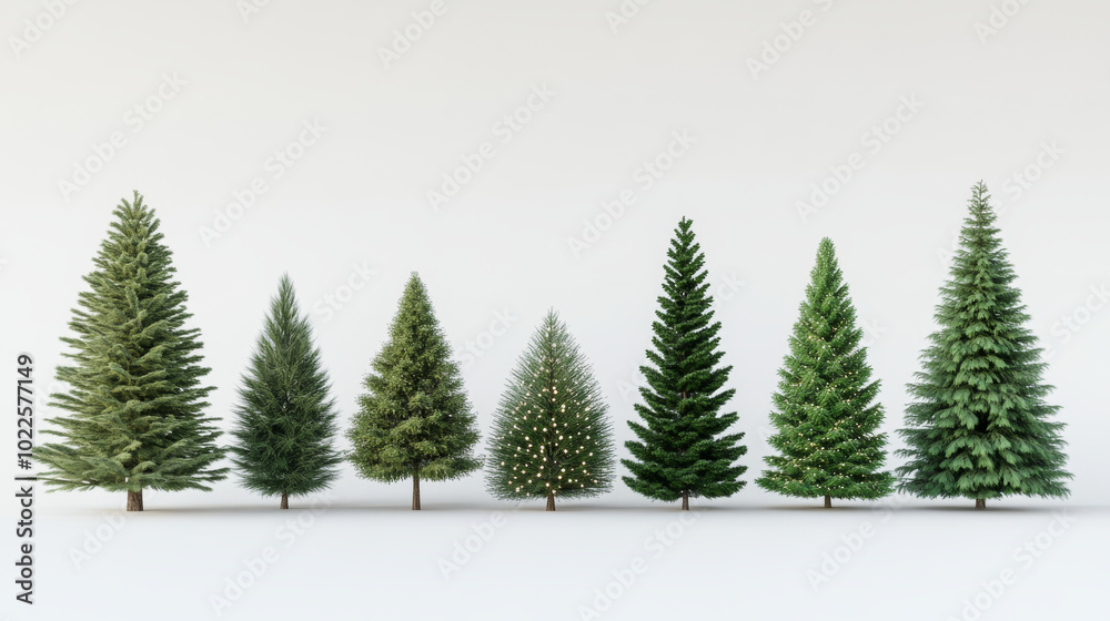 A group of Christmas trees against a plain white backdrop. A group of Christmas trees against a plain white backdrop.