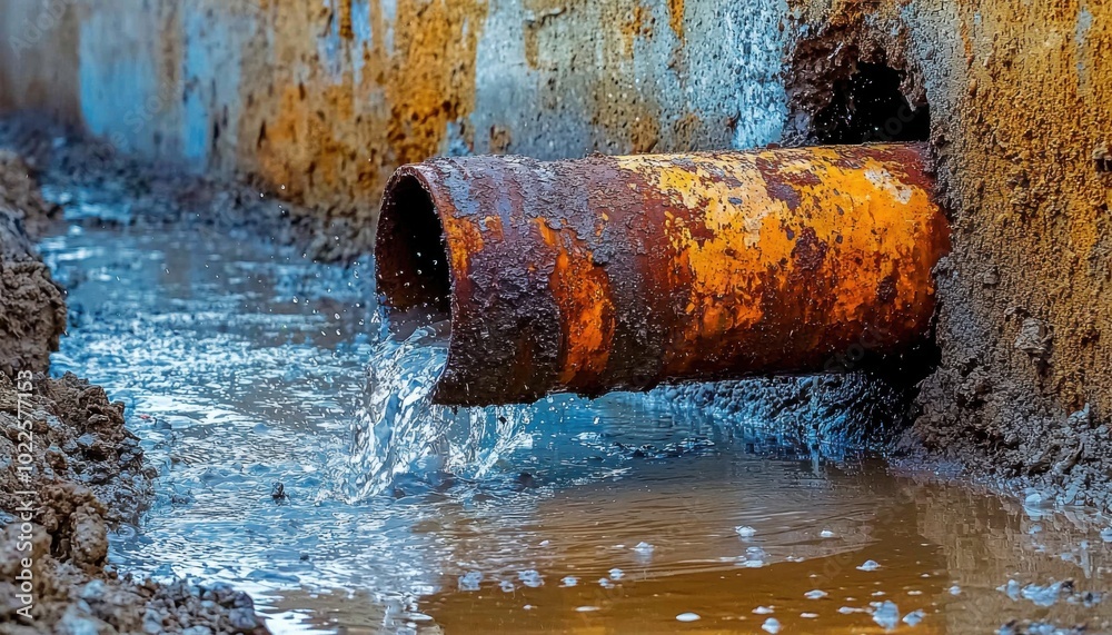 A rusty pipe discharges water into a muddy area, highlighting issues of drainage and potential environmental concerns. A rusty pipe discharges water into a muddy area, highlighting issues of drainage and potential environmental concerns.