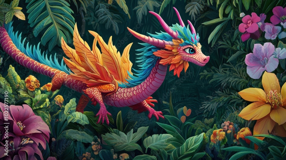 A colorful dragon hides in a lush jungle.