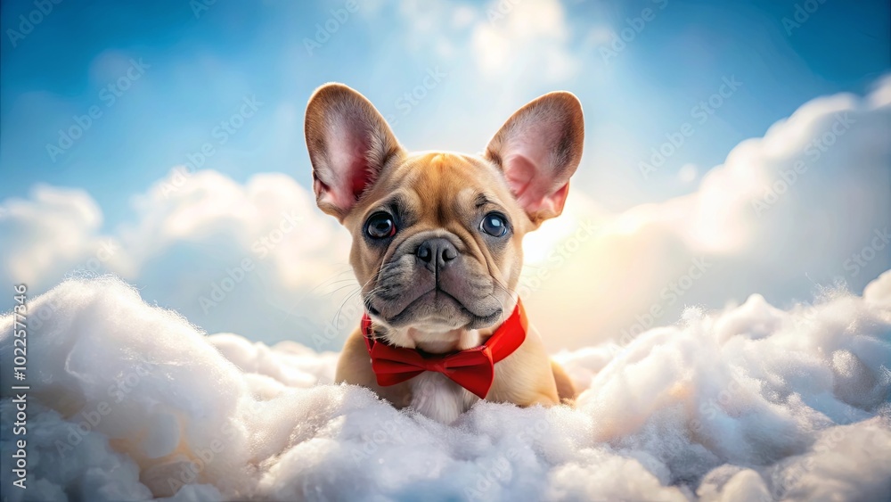 A Fawn-Colored Dog With Red Bowtie Seated Amidst Fluffy White Clouds, Gazing Upwards Towards a Sunny Sky A Fawn-Colored Dog With Red Bowtie Seated Amidst Fluffy White Clouds, Gazing Upwards Towards a Sunny Sky