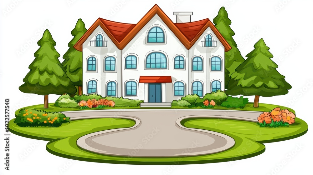 Charming Cartoon House Surrounded by Lush Trees Charming Cartoon House Surrounded by Lush Trees