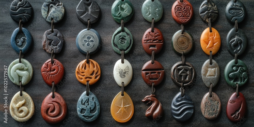 Fototapeta premium Carved stone pendants on dark background.