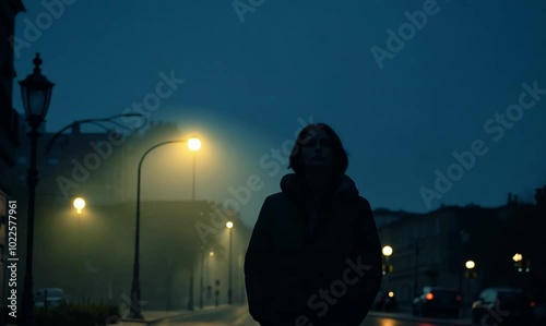 person standing alone on quiet street at night