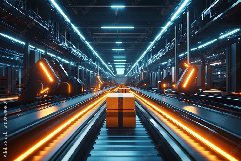 Futuristic Conveyor Belt System - Automated Package Sorting Technology, Industrial Automation Futuristic Conveyor Belt System - Automated Package Sorting Technology, Industrial Automation