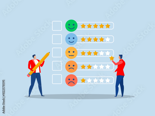 Businessman holding star  and checking to put on best rating 5 stars rating review high quality and good feedback or credit score, evaluation rank concept vector illustrator.