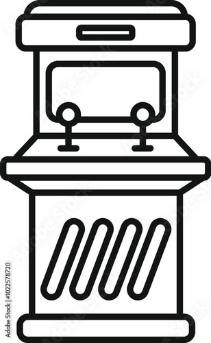 Simple black and white vector icon representing a classic arcade game cabinet with two joysticks and a screen, ideal for entertainment and gaming related designs photo