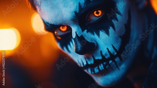 close-up of someonea??s face painted like a skull, with dark and intricate makeup. photo