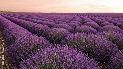 A vast field of lavender flowers in full bloom at sunset, creating a stunning purple landscape.