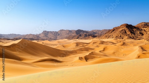 A vast, sandy desert landscape stretches out under a clear blue sky, with rolling sand dunes and distant mountains on the horizon.