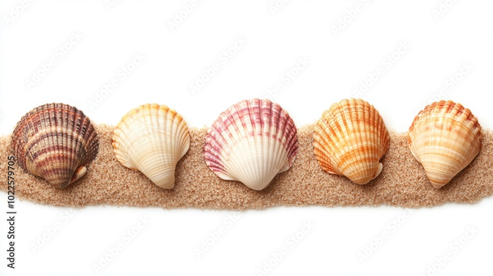 Colorful five seashells on sandy beach, white isolate background. Colorful beach and summer theme. Colorful five seashells on sandy beach, white isolate background. Colorful beach and summer theme.